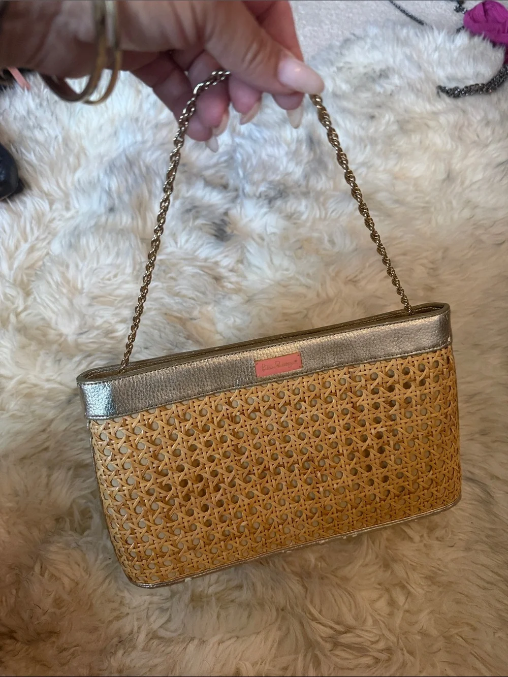 Lilly Pulitzer Woven Rattan Clutch with Metallic Trim
